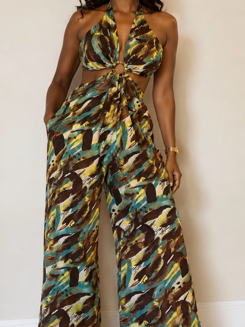 Artsy Y2K Boho Halter Cutout Wide-Leg Jumpsuit in Teal & Brown Fashion Nova